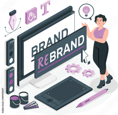 Creative designer rebranding concept with isometric tools,A vector illustration showcasing a designer using various digital tools to rebrand a brand, including a computer monitor, tablet, and design e