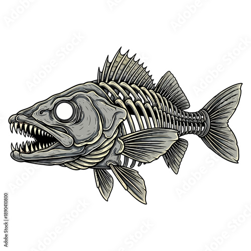 Walleye fish skeleton illustration with sharp teeth and vintage hand drawn style on white background