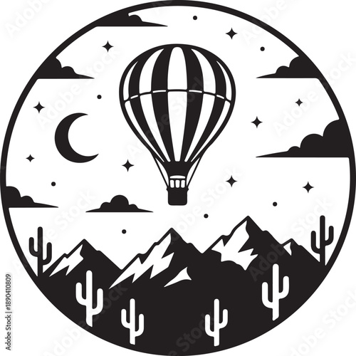 Hot air balloon adventure over a desert mountain landscape under a starry night sky