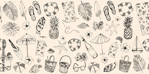 A seamless pattern of sketched summer vacation elements on a beige background