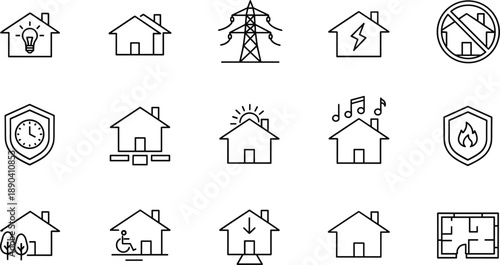 Smart home line icons set featuring house security energy accessibility and automation symbols flat vector illustration modern design