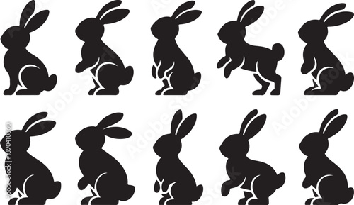 Collection of Black Silhouette Easter Bunny Rabbits in Various Poses on White Background animal