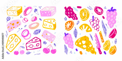 Colorful hand drawn illustration of various cheeses fruits and food items