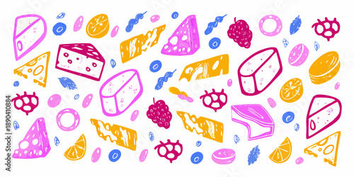 Colorful hand drawn pattern featuring various cheese and candy shapes