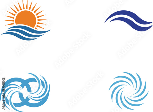 Sun and ocean wave swirl icons set representing water energy nature motion flat vector illustration modern design