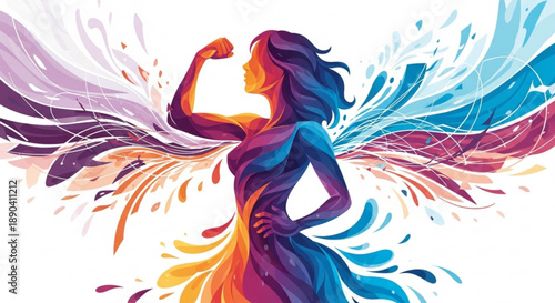 Vibrant woman with colorful wings flexing her arm confidently