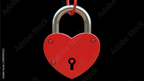 A red heart-shaped padlock with a keyhole hanging from a ribbon against a dark background