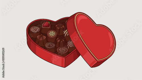 Heart-shaped box of assorted chocolates with lid open revealing sweet treats inside on a plain white background
