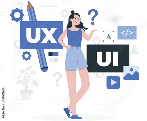 Creative ux/ui designer at work with elements, A vibrant illustration of a UX/UI designer surrounded by design elements and tools, perfect for web design and tech themes.