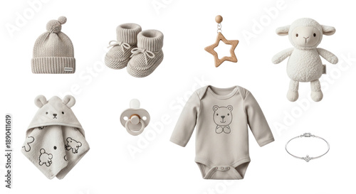 Neutral beige baby clothes and accessories set including hat, booties, pacifier, onesie, blanket, bracelet and plush toys, perfect for newborn gifts