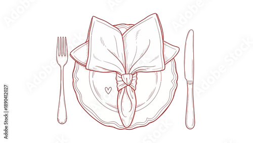 A simple line drawing of a table setting with a plate, fork, and knife on a plain background from a direct viewpoint