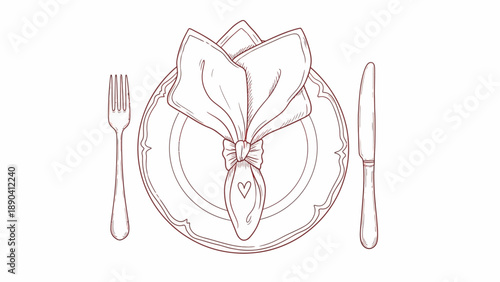 A table setting with a decorative napkin on a plate, fork, and knife, in a minimalist illustration style, viewed from directly above.