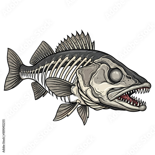 Walleye fish skeleton illustration with sharp teeth and vintage hand drawn style on white background
