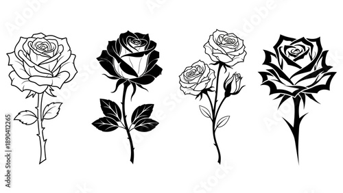 A collection of rose illustrations in various styles on a simple background from a straightforward viewpoint