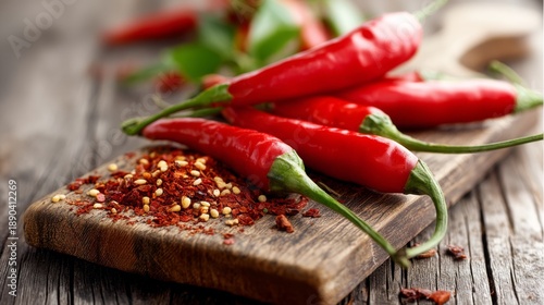 Fresh Red Chili Peppers on Wooden Cutting Board with Chili Flakes and Green Leaves in Natural Light, Perfect for Culinary and Food Presentations