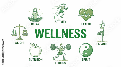 Wellness Concept Vector Illustration – Eight Holistic Health Icons for Relaxation, Fitness, Nutrition, Balance, and Emotional Well-Being Design Use