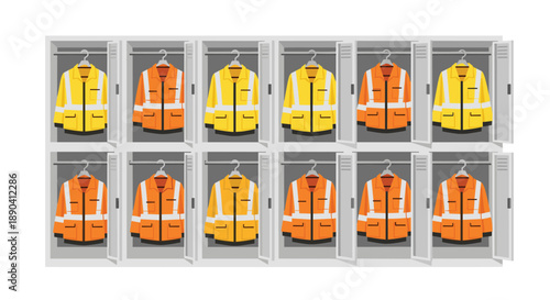 Industrial locker room with organized safety vests in individual compartments for workplace security and health.