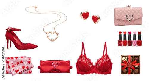 Valentine's Day gifts collection with red high heel shoe, heart necklace, earrings, lipstick set, lace bra, scarf, sleep mask, purse and chocolate box, perfect for romantic occasions