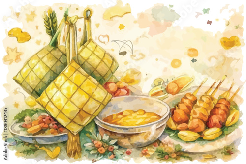 Eid Ketupat Opor Ayam Sate Traditional Food Watercolor