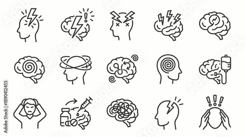 Mental State & Brain Function Vector Icon Set – 25 Minimalist Line Illustrations for Psychology, Emotional Wellness, and Cognitive Health Design Use