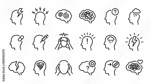 Mental State & Brain Function Vector Icon Set – 25 Minimalist Line Illustrations for Psychology, Emotional Wellness, and Cognitive Health Design Use