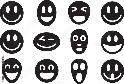 Collection of black silhouette smiley face icons with different expressions emoji