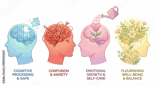 Mental Health & Emotional Growth Vector Illustration – Symbolic Head Profiles for Cognitive Function, Self-Love, Stress, and Psychological Wellness Design Use