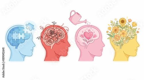 Mental Health & Emotional Growth Vector Illustration – Symbolic Head Profiles for Cognitive Function, Self-Love, Stress, and Psychological Wellness Design Use