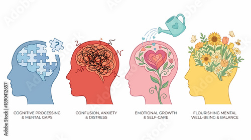 Mental Health & Emotional Growth Vector Illustration – Symbolic Head Profiles for Cognitive Function, Self-Love, Stress, and Psychological Wellness Design Use
