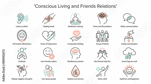 Conscious Living & Friendship Values Vector Icon Set – Minimalist Illustrations for Emotional Wellness, Relationship Growth, and Mindful Lifestyle Design Use