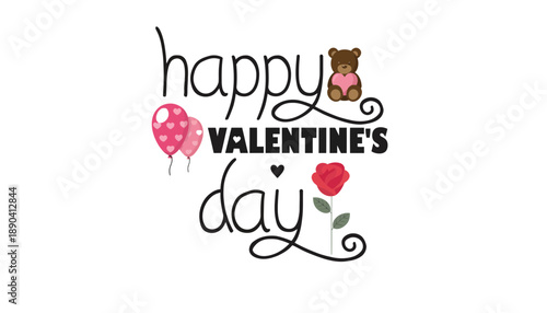 A festive Valentine's Day graphic with a teddy bear and rose