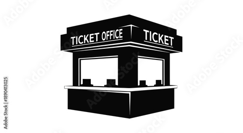 A black and white illustration of a ticket office booth with signage