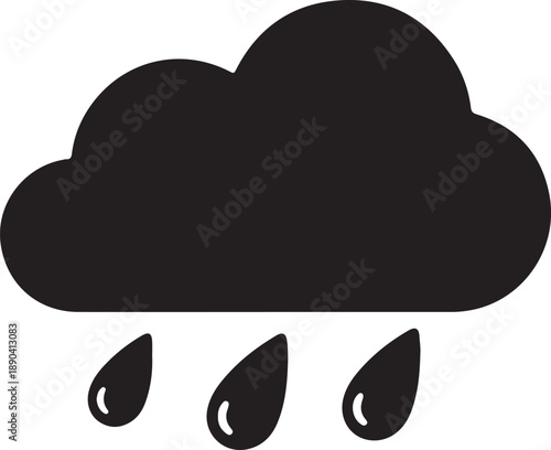 Black Cloud Icon with Rain Drops Isolated on Transparent Background