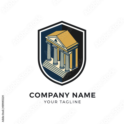 Bank Building Icon Shield Logo Design.