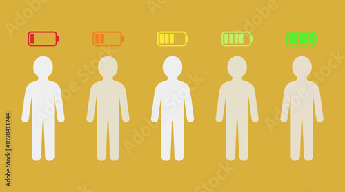 Mental Energy Spectrum Vector Illustration – Five Human Figures with Battery Icons Representing Emotional States from Low to Full for Wellness and Productivity Design Use
