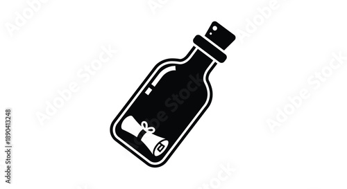 A black silhouette of a bottle with a rolled message inside