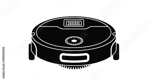 Black and white illustration of a circular robotic vacuum cleaner