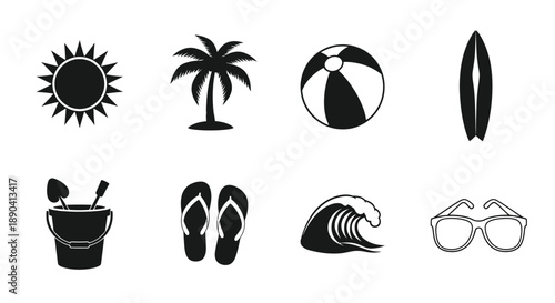 Black and white icons depicting summer vacation and beach elements