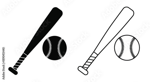Baseball equipment illustration featuring bats and balls in black and white