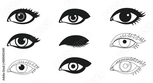 A collection of stylized black and white eye illustrations