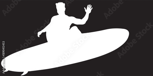 Capture the essence of surf culture with this striking black and white silhouette illustration of a person standing confidently with their surfboard. Perfect for designs that evoke a sense of adventur