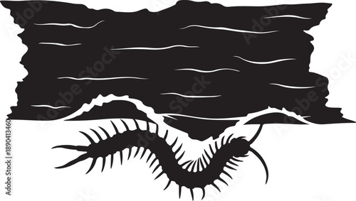 Black silhouette of a centipede crawling under a textured surface insect arthropod black and white d
