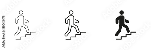 Person Climbing Stairs Line And Solid Icon Set. Progress, Achievement, And Goal Setting Outline And Silhouette Symbol Collection. Motivation And Success. Isolated Vector Illustration