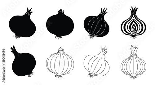 Simple black and white illustrations of various onion types and styles