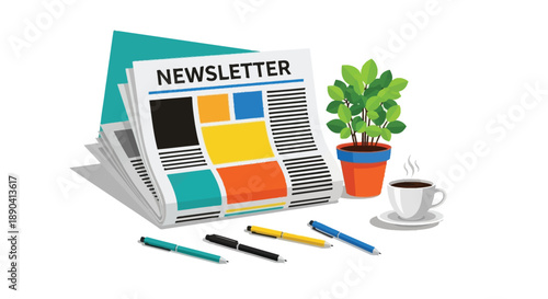 A colorful illustration featuring a newsletter plant coffee and stationery