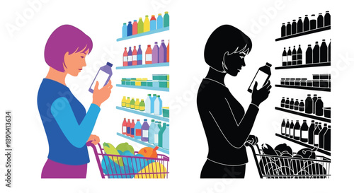 Woman examining product options in a store shown in color and silhouette