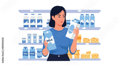 Woman selecting milk in a grocery store aisle surrounded by dairy products