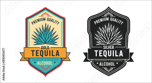 Two vintage style tequila labels gold and silver designs with agave plants
