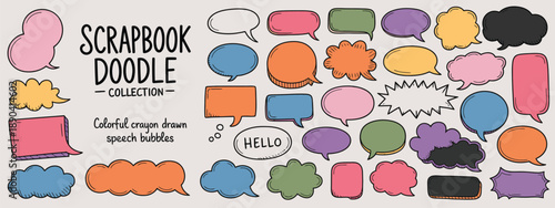 funky y2k speech bubble scrapbook collection, torn paper bubble shapes for dialogue, message, text, colorful comic collage, hand drawn vector sketch balloons.