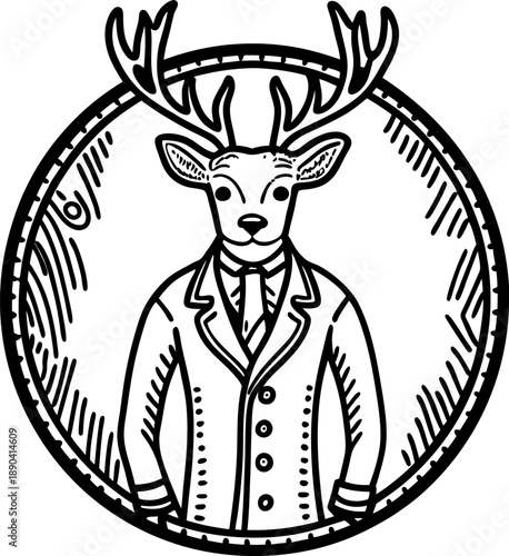 Antlered deer man in vintage suit retro anthropomorphic animal illustration with formal clothing elegant stylized character